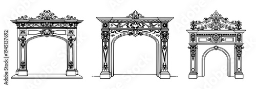 Victorian fireplace mantel set with ornate line art design featuring imperial, detailed engraving, flourishes with historical and decorative
