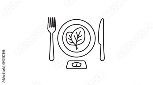 Diet Plate with Fork Knife and Scale IconHealthy Eating and Weight Loss Concept Line Art