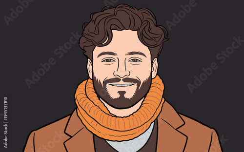 A person with curly hair smiles while wearing an orange scarf in a dark setting. The focus is on their cheerful expression.