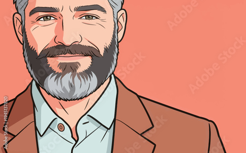 A man stands and smiles directly at the viewer in front of a plain orange background. He has a beard and is wearing a brown jacket.