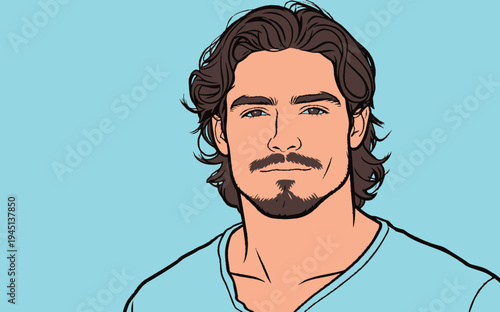 A man with brown hair and blue eyes smiles at the viewer with a light blue background. He wears a casual top and has a relaxed expression.