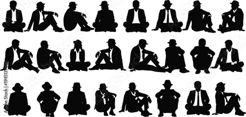 Silhouettes of seated men in suits and hats, relaxed poses, smoking pipes, lifestyle, fashion, vintage concept, posture, design illustration