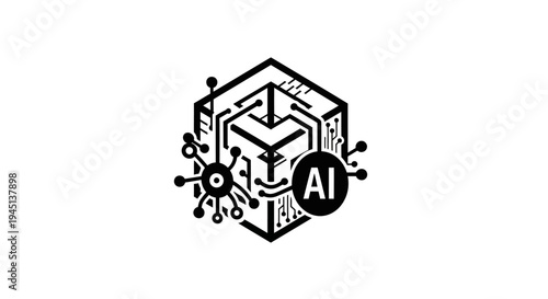 Artificial Intelligence Cube Icon with Network Connections and AI Text - Technology Concept