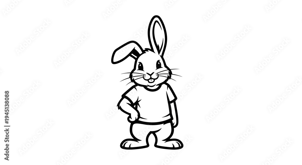 Obraz premium Cute Cartoon Rabbit Character Standing in T-shirt Black and White Line Art