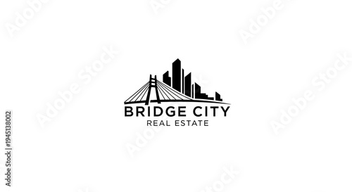 Bridge City Real Estate Logo with Urban Skyline and Suspension Bridge Silhouette