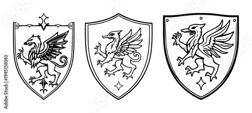 Heraldic shield set with bold black line illustration featuring griffin, medieval, protection symbol with line art and white background