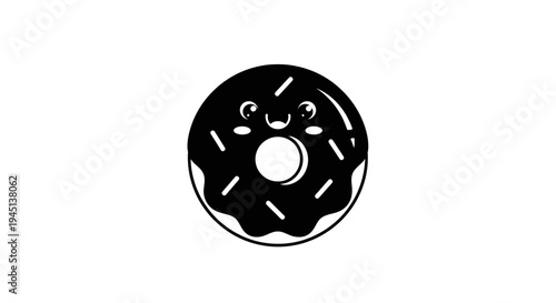 Cute black and white cartoon donut with a happy face and sprinkles, isolated on white