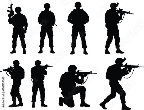 Silhouettes of soldiers with firearms, military poses, combat readiness, defense concept, lifestyle, posture, action, protection, tactical illustration