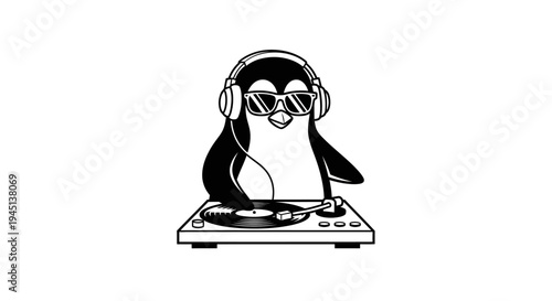Cool Penguin DJ with Headphones and Sunglasses Mixing Music on Turntable Illustration