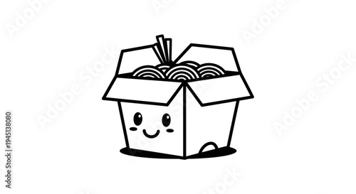 Cute Cartoon Take-Out Box with Noodles and Chopsticks Illustration