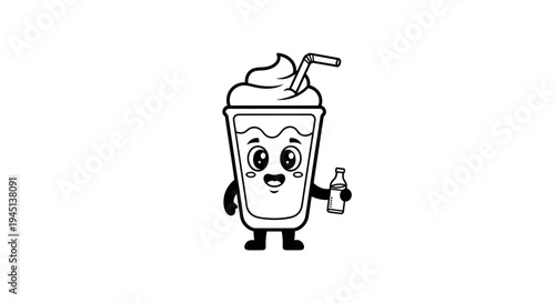Cute Cartoon Milkshake Character Holding Bottle - Black and White Line Art Illustration