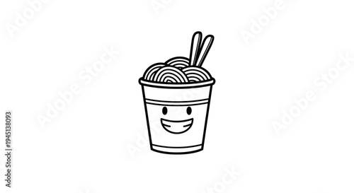 Cute Cartoon Instant Noodle Cup with Smiling Face and Chopsticks Line Art