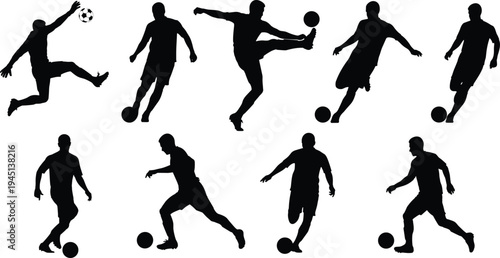 Soccer player silhouettes in action, dynamic football poses, dribbling and kicking motion, athletic sports illustration, modern vector design