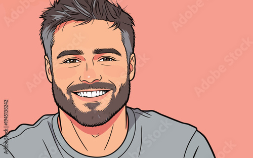 A man with a beard smiles broadly in a digital art style. He wears a simple shirt and has short hair. The background is pink.