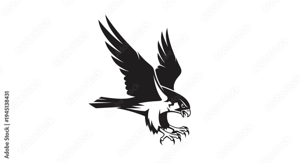 Fototapeta premium Dynamic Falcon in Flight Illustration - Black and White Predator Bird