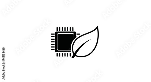Eco-friendly technology concept: microchip and leaf icon representing sustainable computing