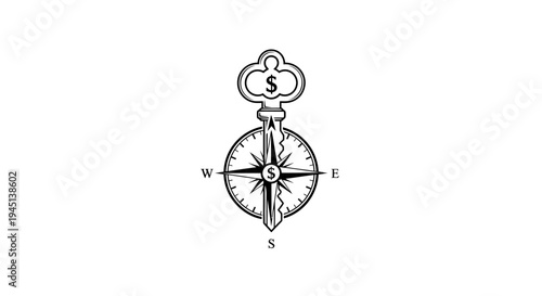 Financial Compass Key Symbolizing Business Direction and Wealth Success