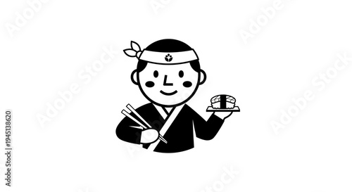Happy Cartoon Sushi Chef with Chopsticks and Sushi Roll Illustration