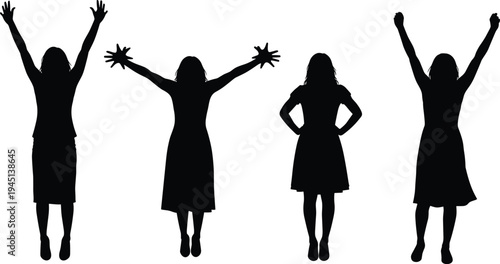 Black silhouette collection of happy women celebrating success with raised arms and cheerleaders jumping in excitement for female empowerment concept