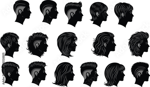 Vector illustration of hairstyle silhouettes including mohawks, mullets, layered cuts, shaved sides, and voluminous waves symbolizing fashion