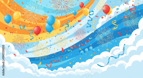 Colorful balloons and confetti celebration.