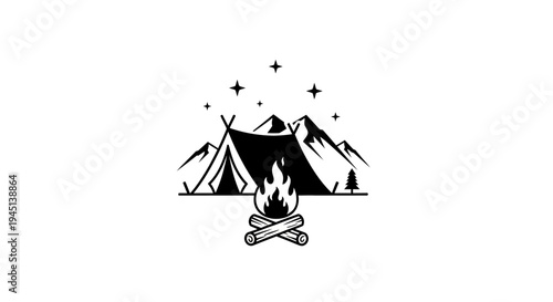 Minimalist camping scene with mountains, tent, and campfire