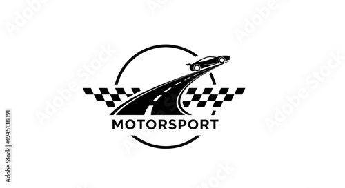 Motorsport racing car logo with speed track and checkered flag design