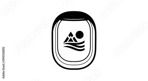 Minimalist travel icon with mountains sun and waves in airplane window