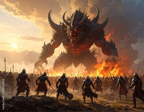 A dark fantasy scene depicting warriors facing a gigantic monster