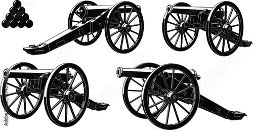 Vector illustration of historical cannon silhouettes with wheeled carriages and stacked cannonballs symbolizing warfare, heritage, identity, diversity, culture, tradition, inclusivity, and education