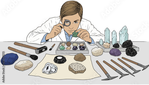 Geologist examining rocks and minerals in a laboratory setting carefully