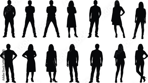 Vector illustration of human silhouettes showing diverse standing poses with clothing outlines and gestures symbolizing society