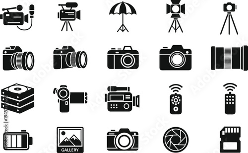 Vector illustration of photography and videography icons including cameras, tripods, lights, lenses, batteries, and memory cards symbolizing technology, identity, diversity
