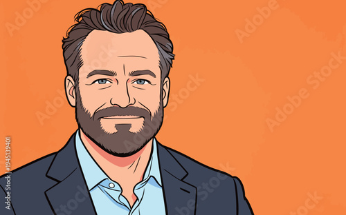 A man smiles in a cartoon style. He has a beard and wears a suit. The background is bright orange, creating a bold effect.