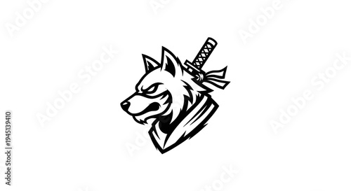 Wolf Samurai Head Logo with Katana Sword - Japanese Warrior Animal Emblem