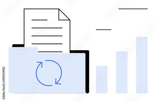 Document management system. A file folder with a document and a refresh icon s document organization. Document management highlights efficiency and growth. Perfect for business, analytics, archiving