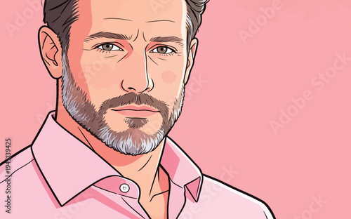 A man stands still and looks forward. He has a short beard and wears a light pink shirt against a pink backdrop.