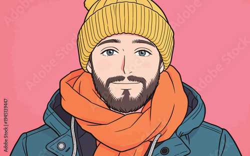 A man with a beard is wearing a yellow beanie and an orange scarf. He is smiling at the viewer against a pink backdrop.