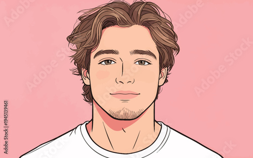 A young man with light brown hair smiles directly at the viewer. He wears a plain t-shirt and has a neutral expression on his face.