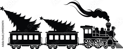 Festive train silhouette, Christmas holiday illustration, steam locomotive artwork, passenger car design, seasonal tree concept, black and white background