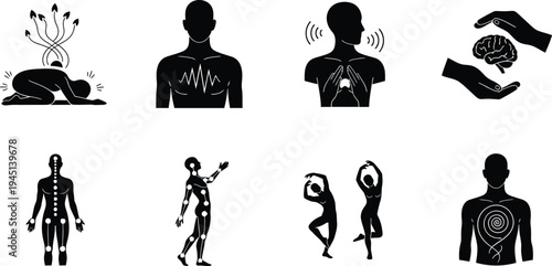 Somatic Therapy and Bioenergetic Wellness Icon Set, Flat Vector Symbols for Mind-Body Healing, Trauma Recovery, Neural Regulation, Physical Therapy, and Holistic Mental Health UI Design