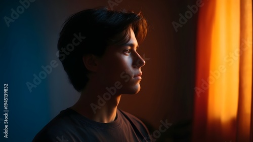 Profile of a young person illuminated by warm light with a thoughtful mood against a blue background