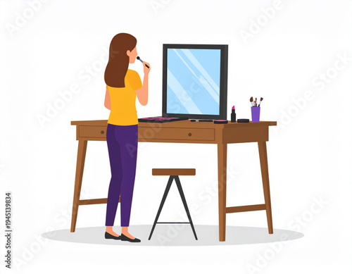 Woman Applying Makeup in Front of Mirror Flat Vector Illustration