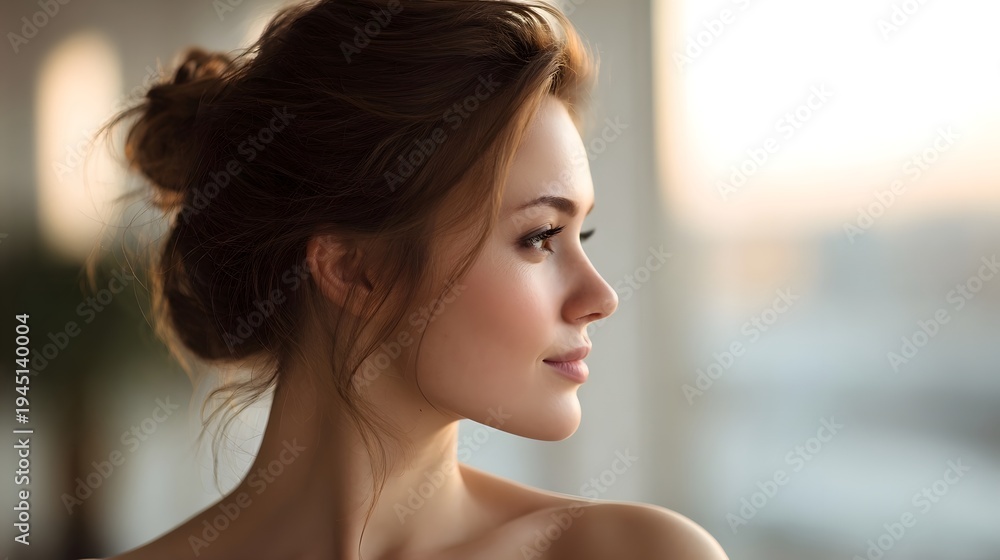 Naklejka premium Profile portrait of a beautiful young woman looking out a window with soft warm ambient light