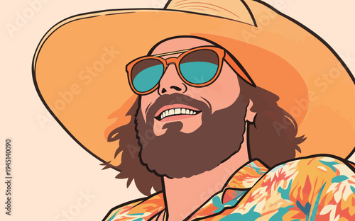 A man smiles while sitting outside wearing a large hat and sunglasses. He has long hair and a colorful shirt.