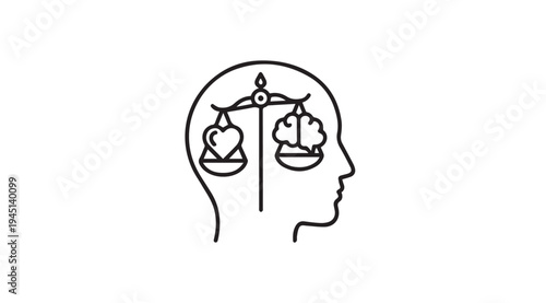 Head silhouette with scale balancing heart and brain representing emotional and logical decision making vector icon