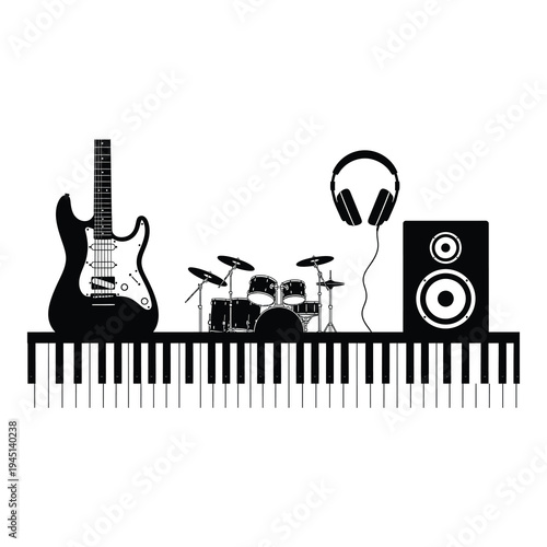 Black silhouette of musical instruments on piano keyboard isolated on white background