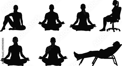 Vector illustration of seated posture silhouettes including meditation, ergonomic seating, and relaxation poses symbolizing mindfulness, identity, diversity