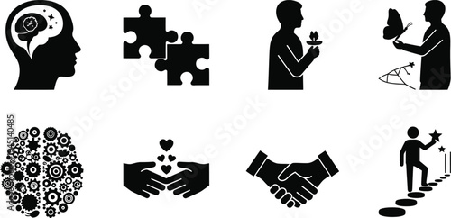 Mental Health and Personal Growth Icon Set, Flat Vector Symbols for Psychology, Neurodiversity, Emotional Intelligence, Career Success, and Social Connection UI Design