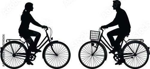 Vector illustration of silhouetted cyclists riding bicycles facing each other symbolizing transportation, exercise, social interaction, identity, diversity, culture
